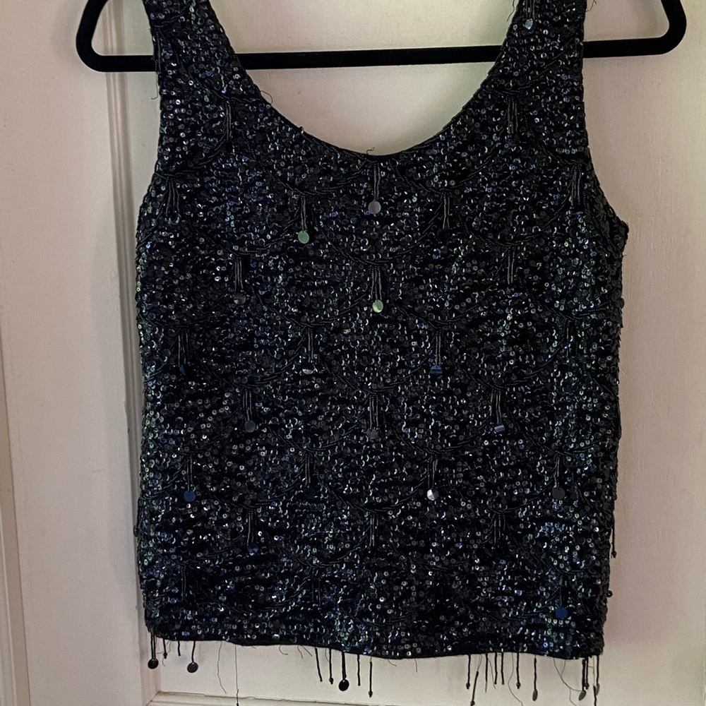 Vintage 80s Heavily Beaded/Sequined Black Wool Sleeveless Formal Evening Tank